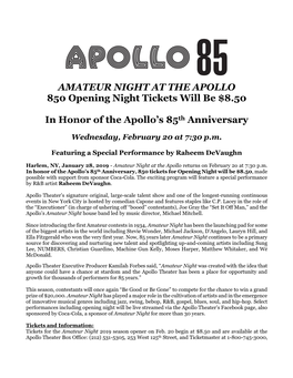 AMATEUR NIGHT at the APOLLO 850 Opening Night Tickets Will Be $8.50