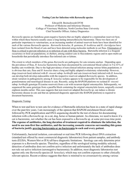 When to Test and How to Test Cats for Evidence of Bartonella Infection Has Been in a State of Rapid Change Over the Past Few Years