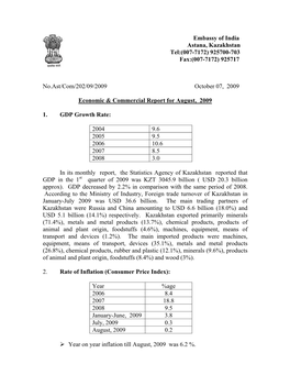 Embassy of India Astana, Kazakhstan Tel:(007-7172) 925700-703 Fax:(007-7172) 925717