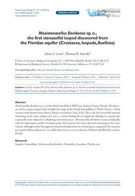 Mexistenasellus Floridensis Sp. N., the First Stenasellid Isopod Discovered