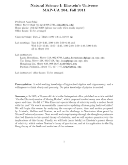 Natural Science I: Einstein's Universe MAP-UA 204, Fall 2011