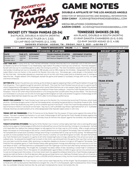 Game Notes Double-A Affiliate of the Los Angeles Angels Director of Broadcasting and Baseball Information: Josh Caray - Jcaray@Trashpandasbaseball.Com