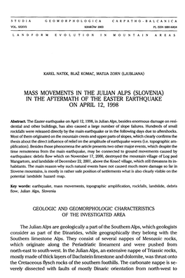 Mass Movements in the Julian Alps (Slovenia) in the Aftermath of the Easter Earthquake on April 12, 1998