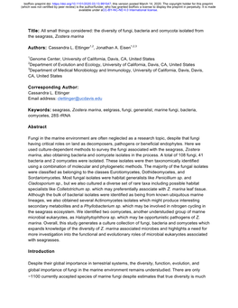 The Diversity of Fungi, Bacteria and Oomycota Isolated from the Seagrass, Zostera Marina