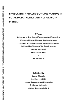 Productivity Analysis of Cow Farming in Putalibazar Municipality of Syangja