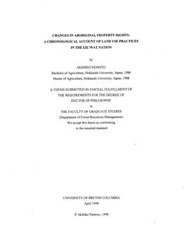 Changes in Aboriginal Property Rights: a Chronological Account of Land Use Practices in the Lil'wat Nation