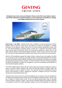 Genting Cruise Lines Announces Explorer Dream As