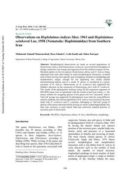 Observations on Hoplolaimus Indicus Sher, 1963 and Hoplolaimus Seinhorsti Luc, 1958 (Nematoda: Hoplolaimidae) from Southern Iran