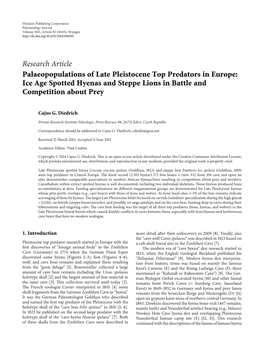 Research Article Palaeopopulations of Late Pleistocene Top Predators in Europe: Ice Age Spotted Hyenas and Steppe Lions in Battle and Competition About Prey