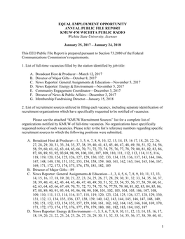 EQUAL EMPLOYMENT OPPORTUNITY ANNUAL PUBLIC FILE REPORT KMUW-FM WICHITA PUBLIC RADIO Wichita State University, Licensee