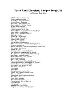 Yacht Rock Cleveland Sample Song List C/O Cleveland Music Group