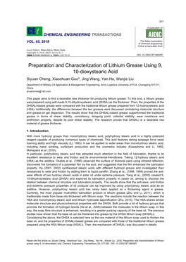 Preparation and Characterization of Lithium Grease Using 9, 10-Dioxystearic Acid, Chemical Engineering Transactions, 65, 577-582 DOI: 10.3303/CET1865097 578