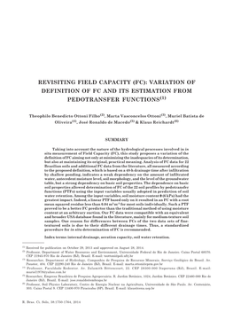 Revisiting Field Capacity (Fc): Variation of Definition of Fc and Its Estimation from Pedotransfer Functions(1)