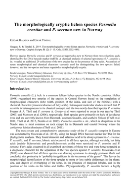 The Morphologically Cryptic Lichen Species Parmelia Ernstiae and P