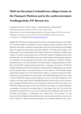 Mid/Late Devonian-Carboniferous Collapse Basins on the Finnmark Platform and in the Southwesternmost Nordkapp Basin, SW Barents Sea