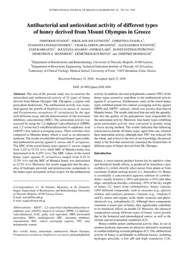 Antibacterial and Antioxidant Activity of Different Types of Honey Derived from Mount Olympus in Greece