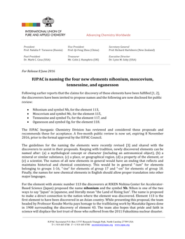 IUPAC Is Naming the Four New Elements Nihonium, Moscovium, Tennessine, and Oganesson