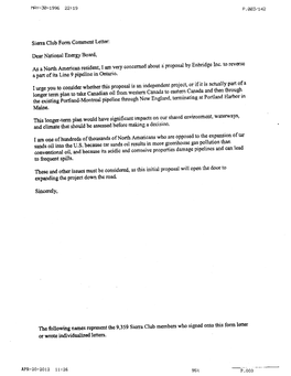 Sierra Club Form Commentletter: Dear National Energy Board, As a North American Resident, I Am Very Concerned About a Proposal B