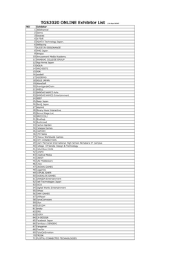 TGS2020 ONLINE Exhibitor List (18.Sep.2020） NO Exhibitor 1 360Channel 2 5Dims 3 6Waves 4 a FIVE 5 ADATA Technology Japan