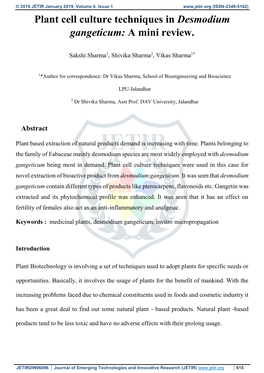 Plant Cell Culture Techniques in Desmodium Gangeticum: a Mini Review