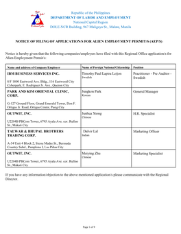 Republic of the Philippines DEPARTMENT of LABOR and EMPLOYMENT National Capital Region DOLE-NCR Building, 967 Maligaya St., Malate, Manila
