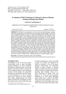 Evaluation of PM2.5 Emissions in Tehran by Means of Remote Sensing and Regression Models