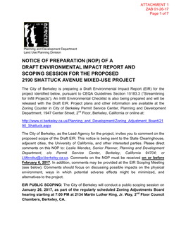 Notice of Preparation (Nop) of a Draft Environmental Impact Report and Scoping Session for the Proposed 2190 Shattuck Avenue Mixed-Use Project