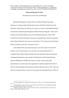 Part of Chapter: 'Reformed Theology in Asia and Oceania'. in the Cambridge Companion to Reformed Theology Eds. Paul T. Nimmo