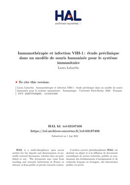 Immunothérapie Et Infection VIH-1 : Étude Préclinique Dans Un Modèle De Souris Humanisée Pour Le Système Immunitaire Laura Labarthe
