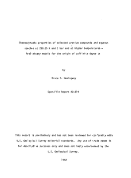 Thermodynamic Properties of Selected Uranium Compounds and Aqueous I by Bruce S. Hemingway