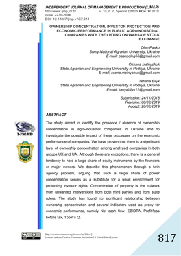 Ownership Concentration, Investor Protection and Economic Performance in Public Agroindustrial Companies with the Listing on Warsaw Stock Exchange