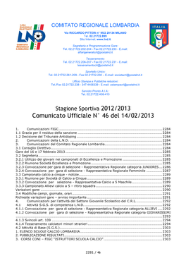 Comunicato Ufficiale N° 46 Del 14/02/2013