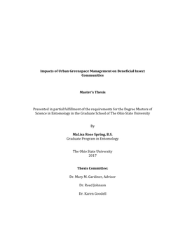 Impacts of Urban Greenspace Management on Beneficial Insect Communities Master's Thesis Presented in Partial Fulfillment of Th