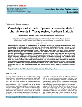 Knowledge and Attitude of Peasants Towards Birds in Church Forests in Tigray Region, Northern Ethiopia