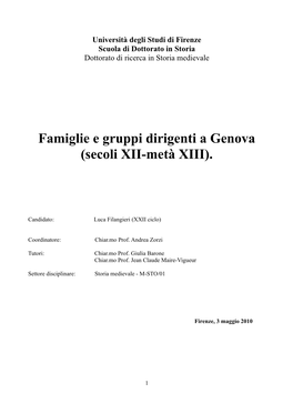 Famiglie E Gruppi Dirigenti a Genova (Secoli XII-Metà XIII)