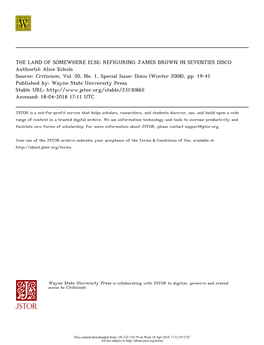 THE LAND of SOMEWHERE ELSE: REFIGURING JAMES BROWN in SEVENTIES DISCO Author(S): Alice Echols Source: Criticism, Vol