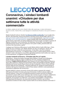 Coronavirus, I Sindaci Lombardi Unanimi: «Chiudere Per Due Settimane Tutte Le Attività Commerciali»