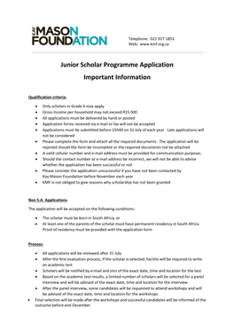 Junior Scholar Programme Application Important Information