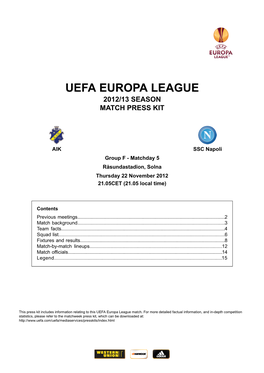 Uefa Europa League 2012/13 Season Match Press Kit