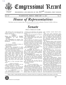 Congressional Record United States Th of America PROCEEDINGS and DEBATES of the 117 CONGRESS, FIRST SESSION