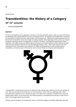 Transidentities: the History of a Category 20Th-21St Centuries