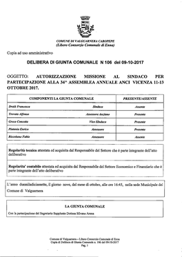 Oggetto: Autorizzazione Missione Al Sindaco Per Partecipazione Alla 34A Assemblea Annuale Anci Vicenza 11-13 Ottobre 2017. Delib