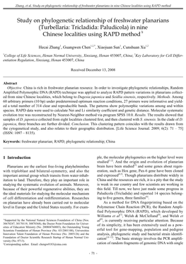 Study on Phylogenetic Relationship of Freshwater Planarians (Turbellaria: Tricladida: Paludicola) in Nine Chinese Localities Using RAPD Method