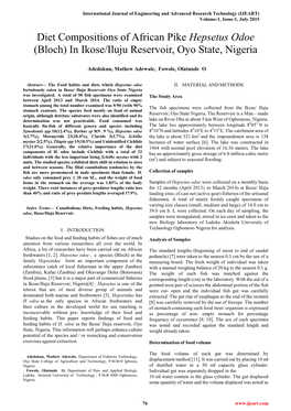 Diet Compositions of African Pike Hepsetus Odoe (Bloch) in Ikose/Iluju Reservoir, Oyo State, Nigeria