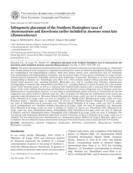 Infrageneric Placement of the Southern Hemisphere Taxa of Anemonastrum and Knowltonia Earlier Included in Anemone Sensu Lato (Ranunculaceae) Sergei L