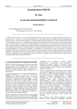 Atomtörténet 1945-55 II. Rész a Szovjet Atombombához Vezető Út