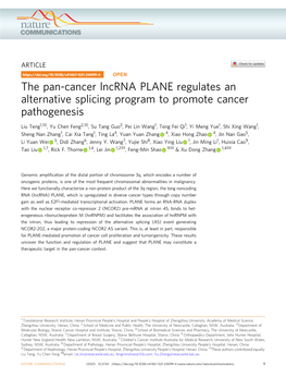 The Pan-Cancer Lncrna PLANE Regulates an Alternative Splicing Program to Promote Cancer Pathogenesis