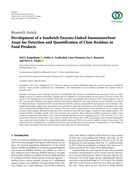 Development of a Sandwich Enzyme-Linked Immunosorbent Assay for Detection and Quantification of Clam Residues in Food Products