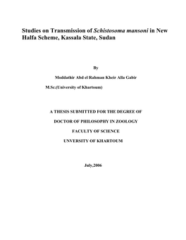 Studies on Transmission of Schistosoma Mansoni in New Halfa Scheme, Kassala State, Sudan