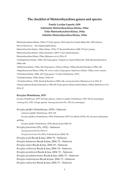 The Checklist of Metriorrhynchina Genera and Species